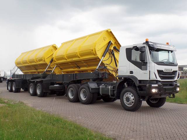 Iveco AT720T42WTH 6x6 tractor head in combination with Mitrax 50cbm tipper trailer to Antwerp port.