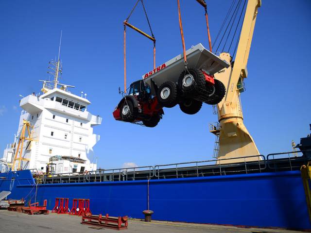 Loading of Astra heavy duty dumpers at Rotterdam port.